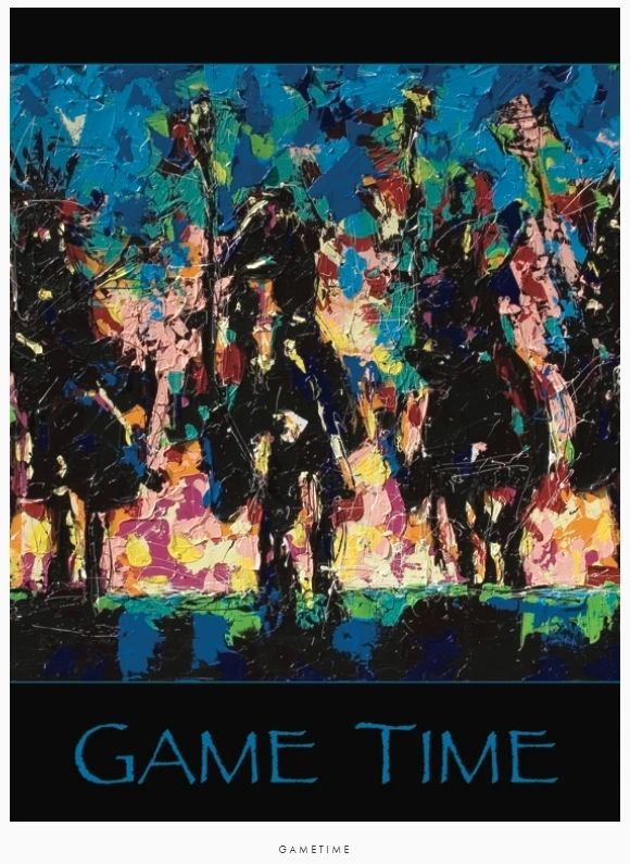 A painting of horses in the woods with words " game time ".
