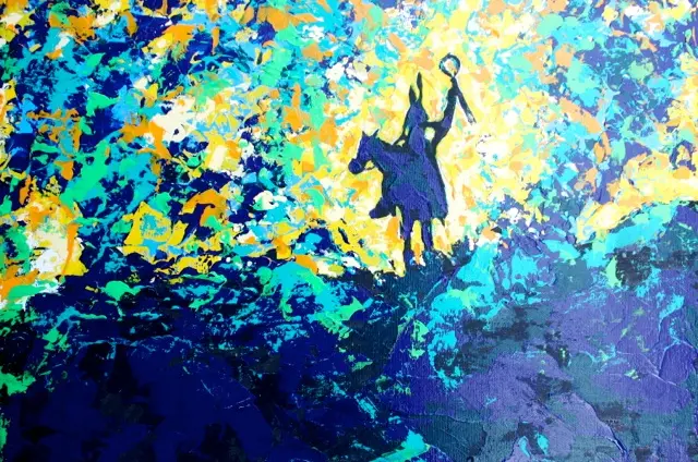 A painting of a person on horseback with a blue sky behind it.