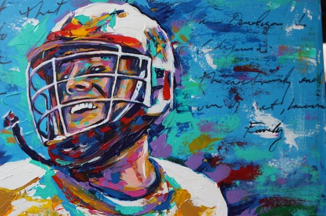 A painting of a football player with helmet and colorful background
