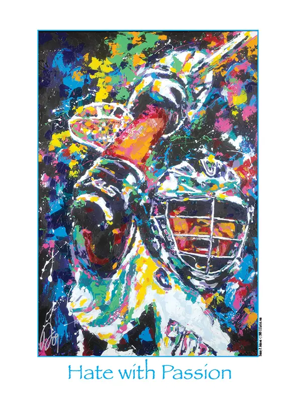 A painting of a goalie in the middle of a colorful abstract background.