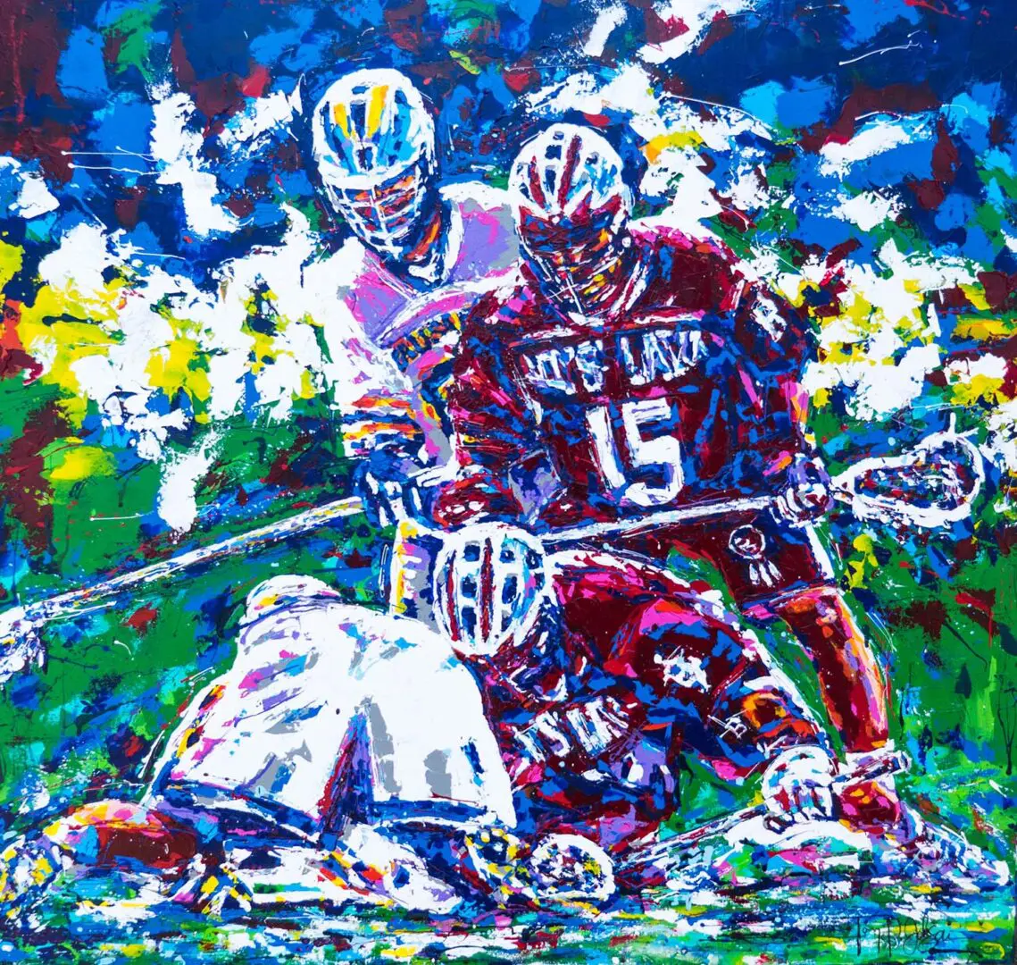 A painting of lacrosse players in action.