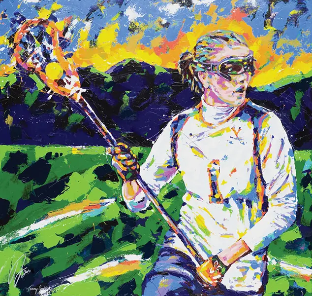 A painting of a man holding a lacrosse stick.