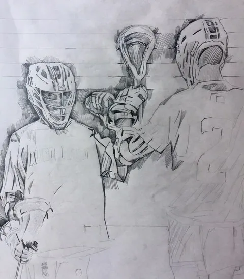 A drawing of three people holding rackets