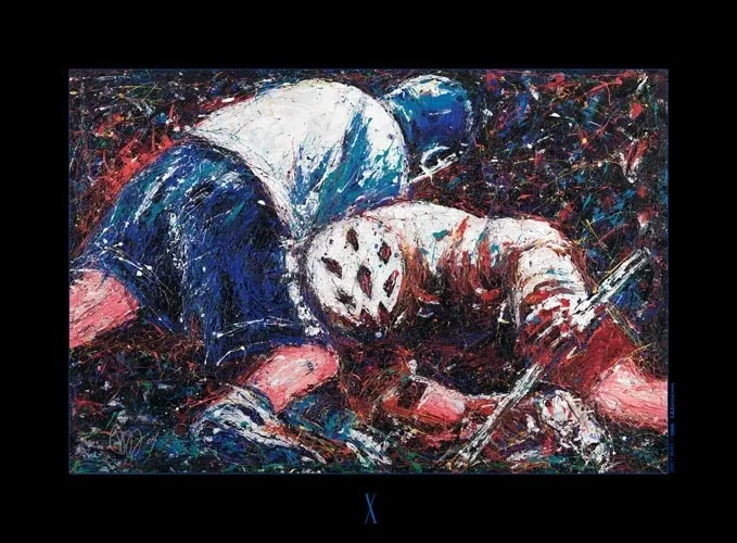 A painting of two men wrestling on the ground.
