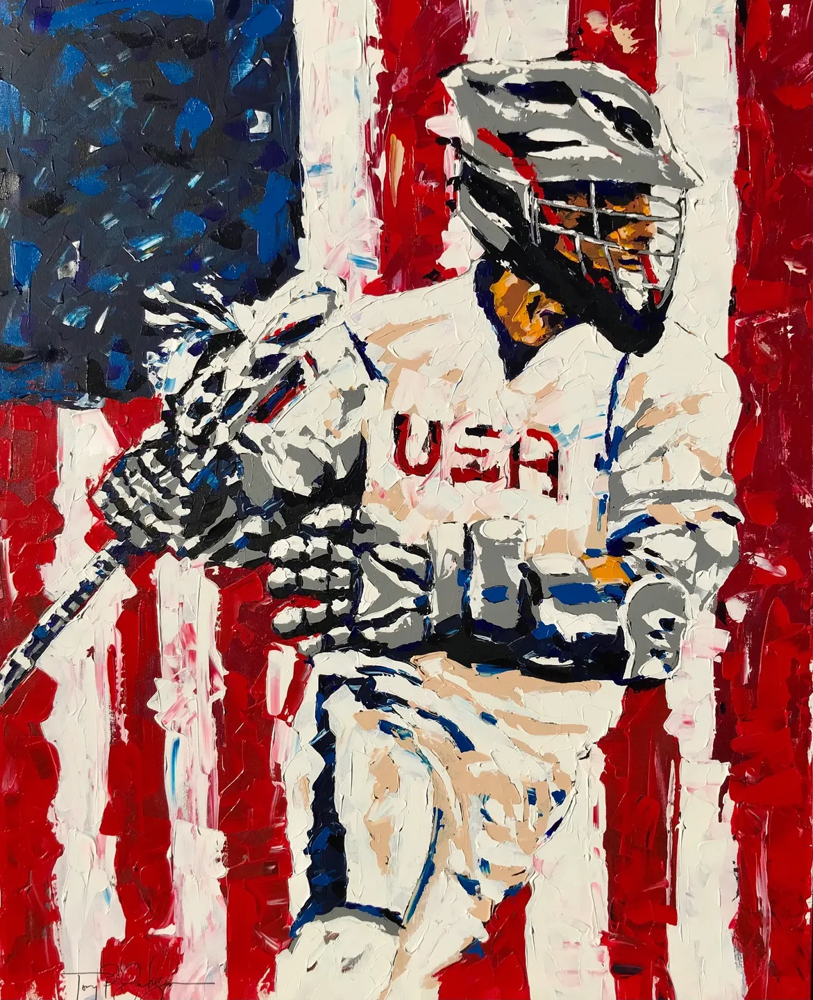 A painting of a lacrosse player in front of the american flag.