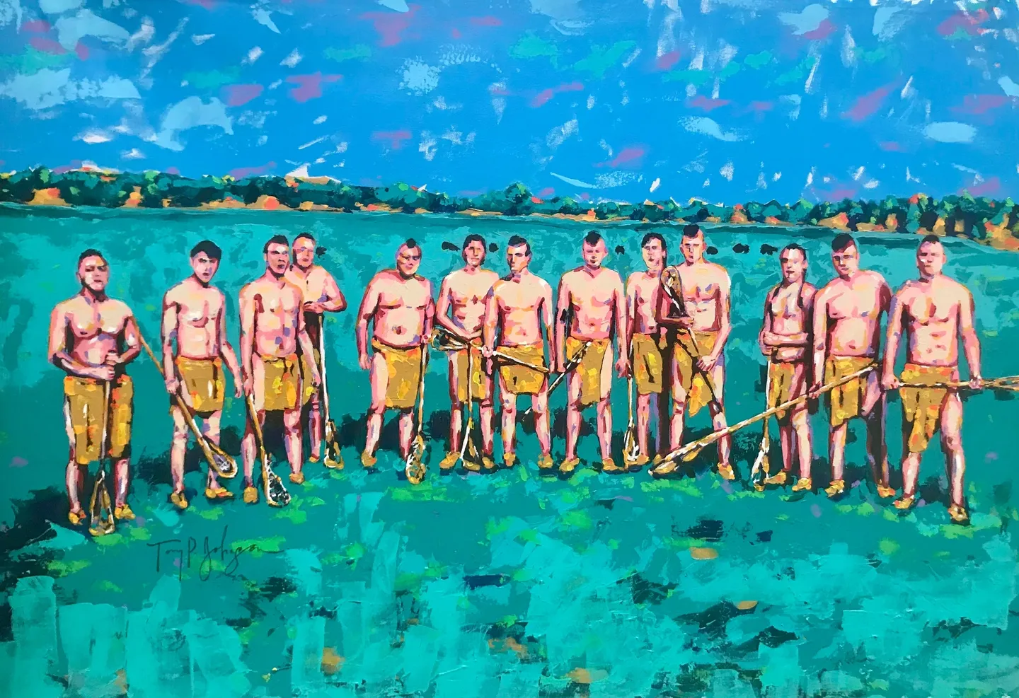 A painting of men in yellow shorts and tan shirts holding baseball bats.