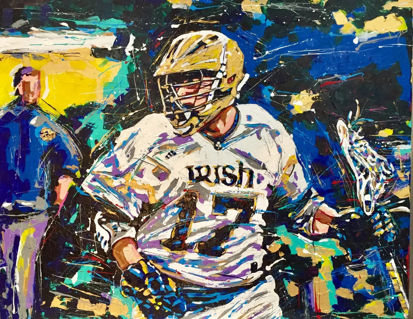 A painting of a lacrosse player in uniform.