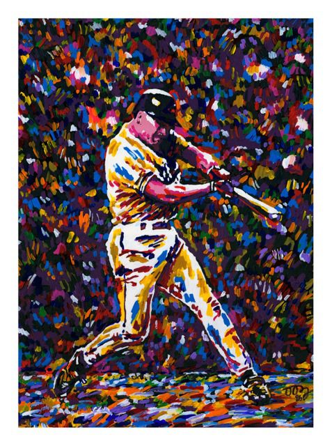 A painting of a baseball player swinging at the ball.
