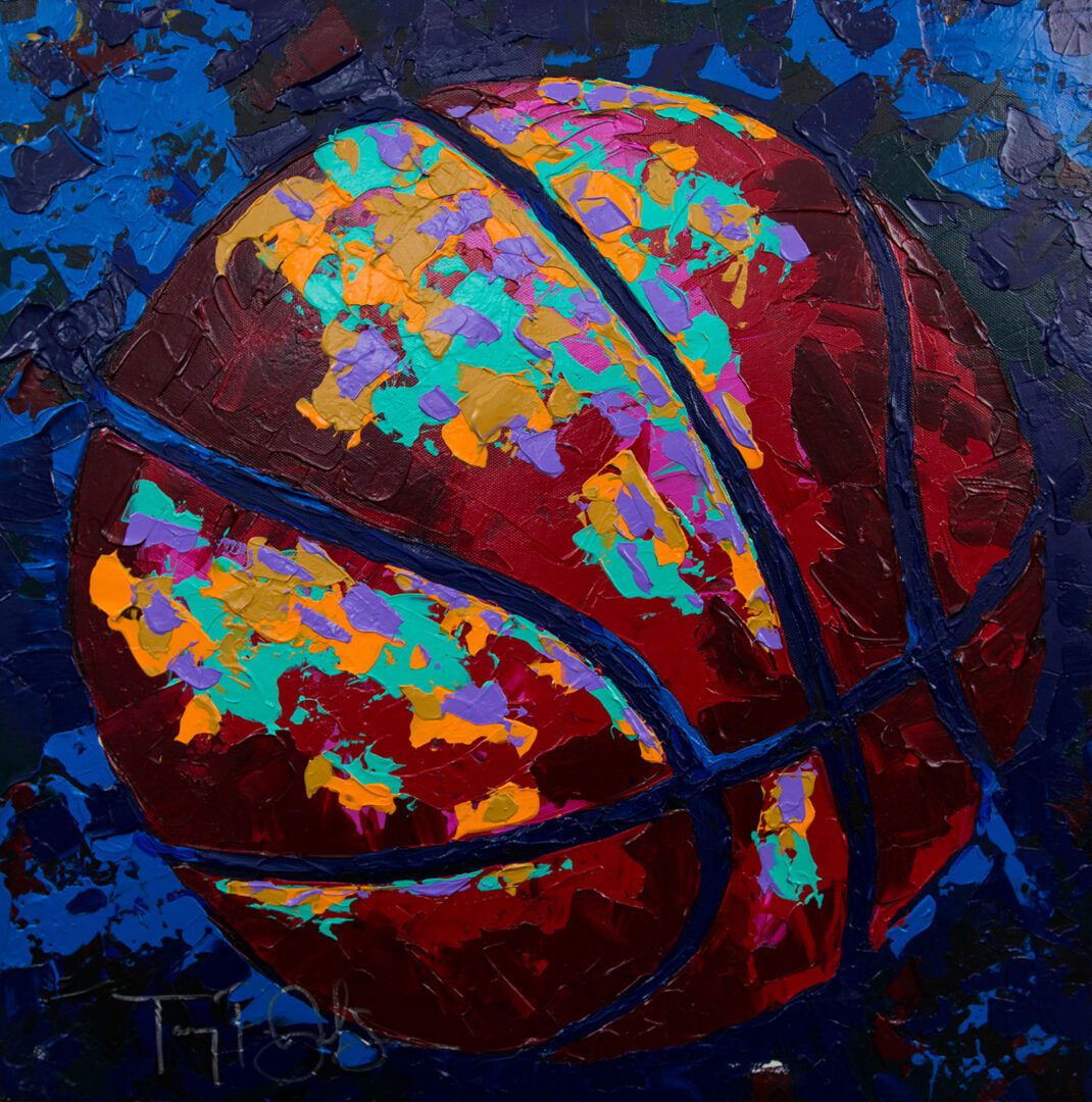 A painting of a basketball in the middle of a court.