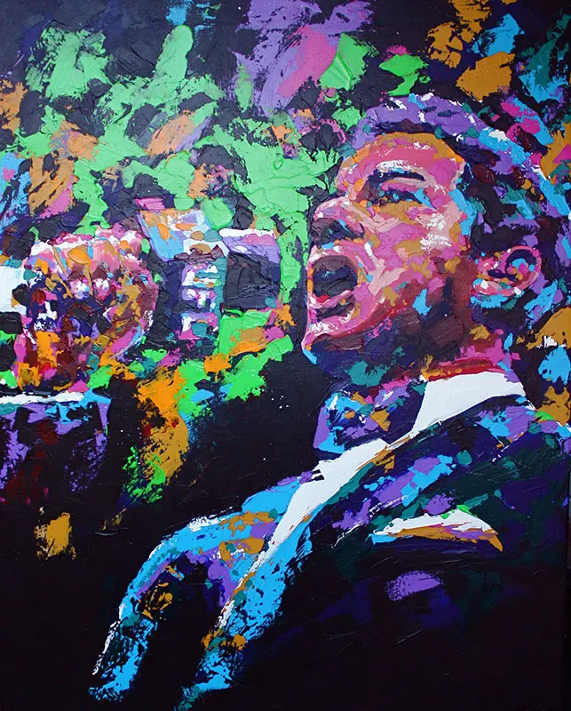 A painting of a man singing into a microphone.