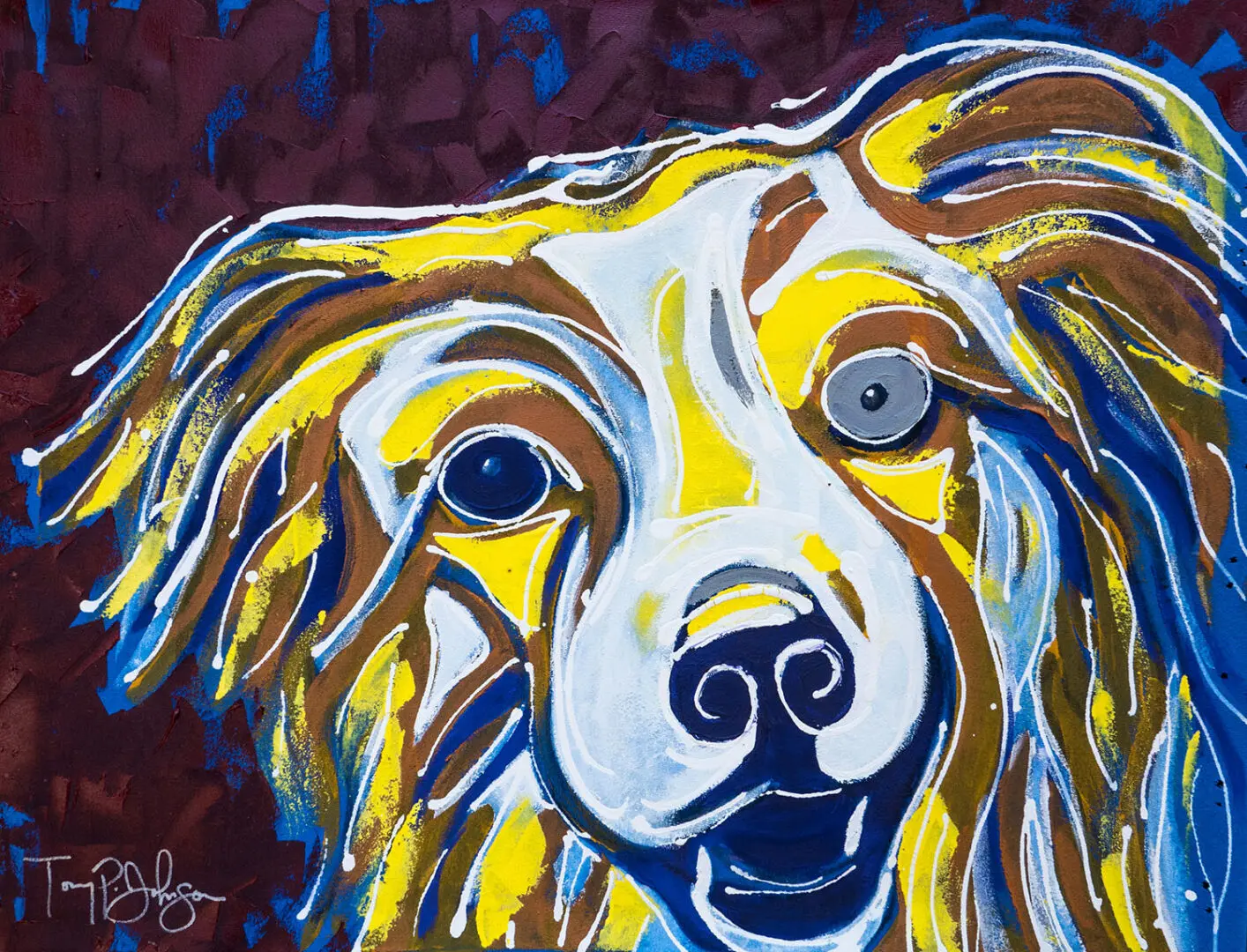 A painting of a dog with yellow and brown fur.