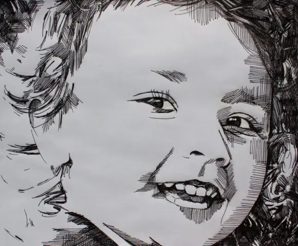 A black and white drawing of a child 's face.
