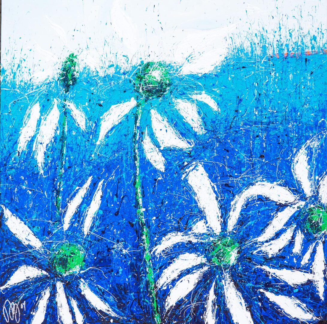 A painting of white flowers in the middle of blue ground