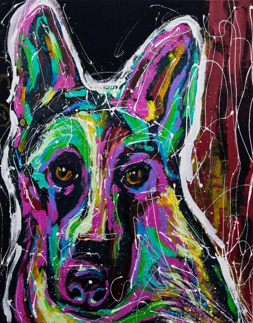 A painting of a dog with many colors