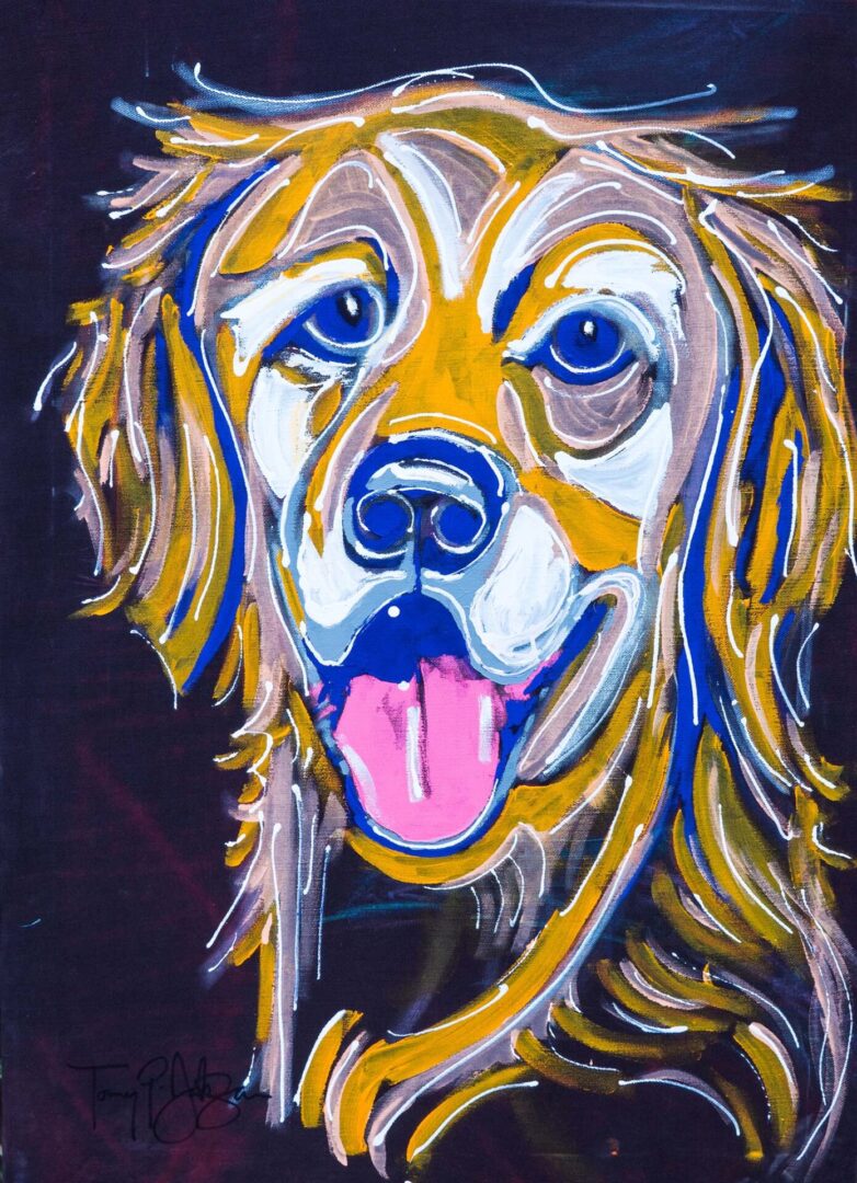 A painting of a dog with tongue hanging out.