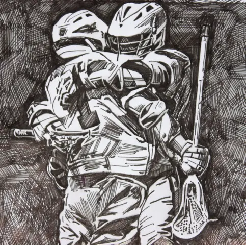 A drawing of two lacrosse players hugging