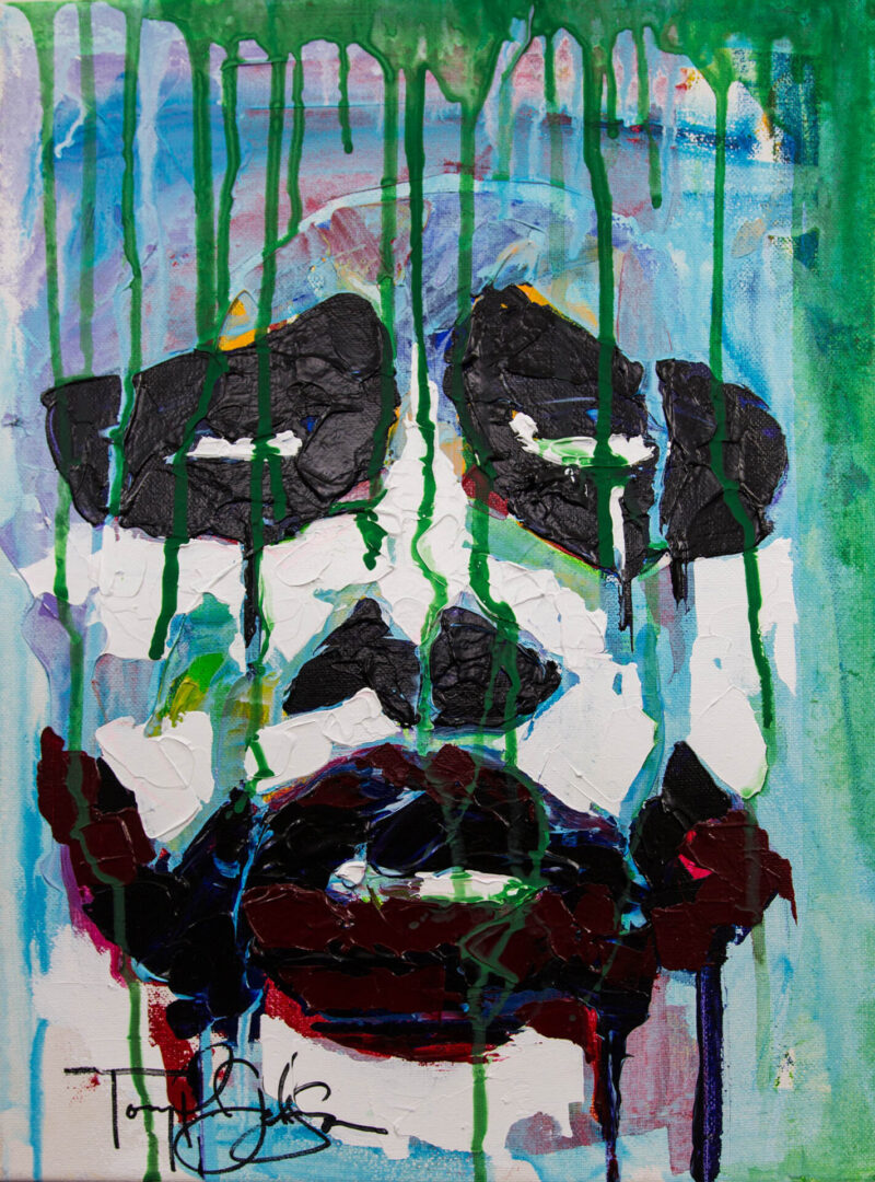 A painting of a man 's face with green and black paint dripping down his face.