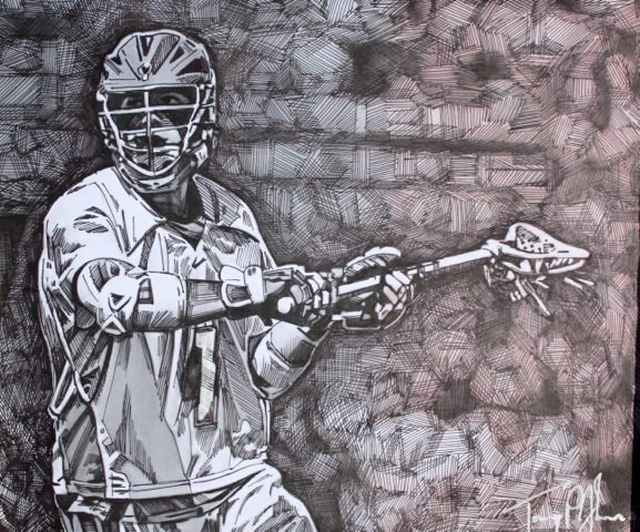 A black and white drawing of a lacrosse player.