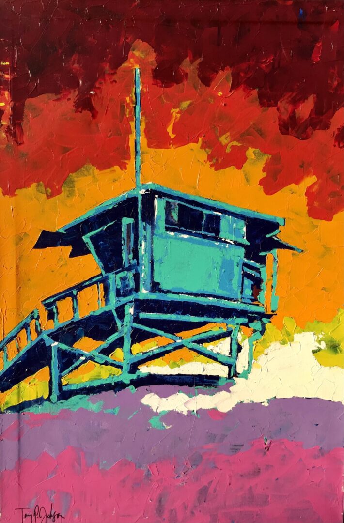 A painting of a lifeguard tower in the sun.
