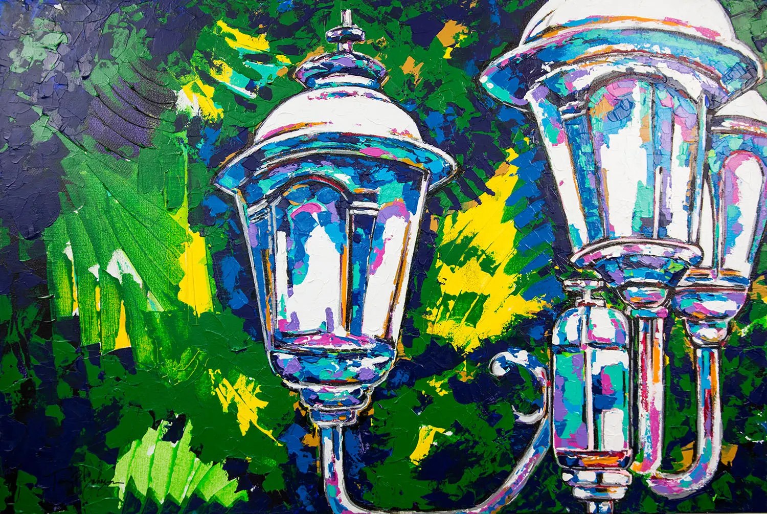 A painting of two lamps on the side of a wall.