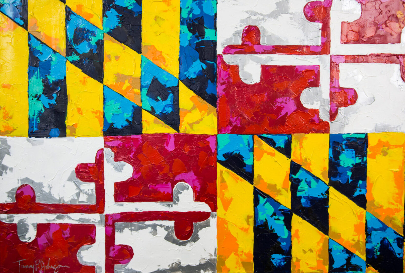 A painting of the state flag with a puzzle pattern.
