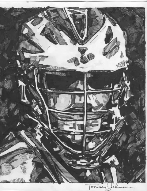 A black and white drawing of a goalie.