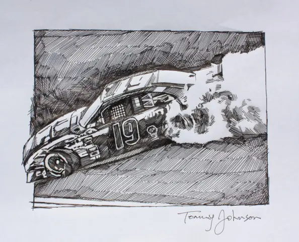 A drawing of a car on the track