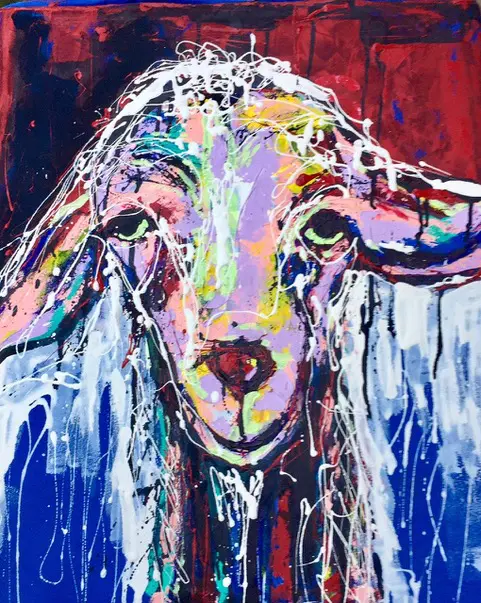 A painting of a sheep with long hair