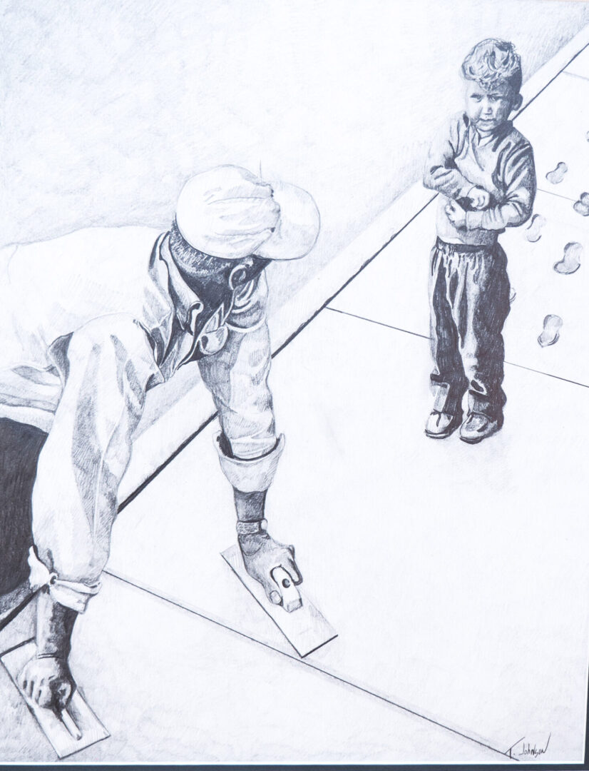 A drawing of two men standing on the sidewalk.