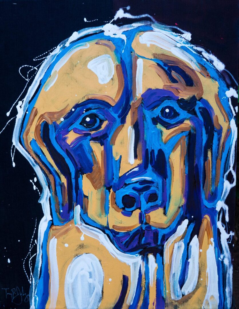 A dog with blue and yellow paint on it's face.