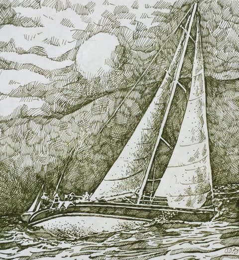 A drawing of a sailboat in the ocean.