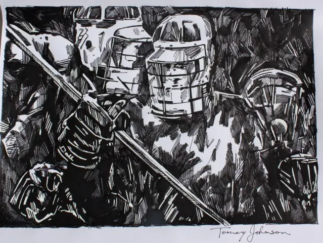 A black and white painting of skeletons with swords
